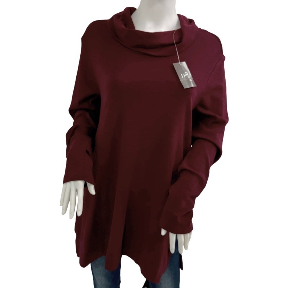J. JILL NEW Large Pima Cotton Cowl Neck Tunic Burgundy Slub Knit Long Sleeve Top